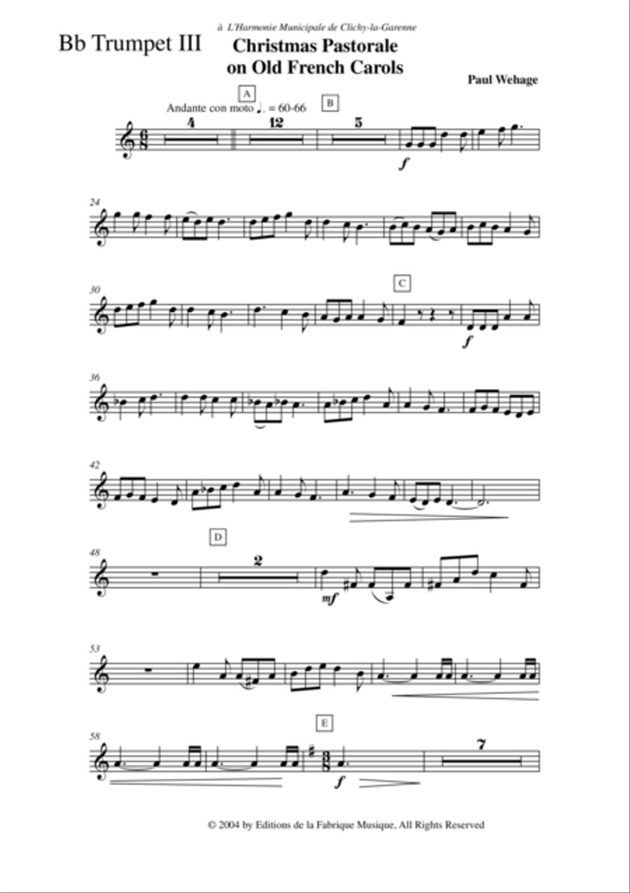 Paul Wehage: Christmas Pastorale on Old French Carols for concert band, 3rd Bb trumpet or cornet par Concert Band scores gallery preview page 2