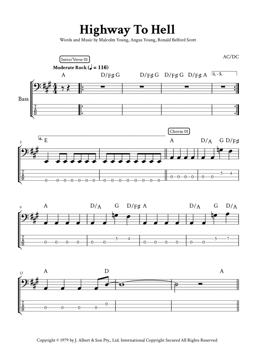 Highway To Hell Guitar Tablature scores gallery preview page 1