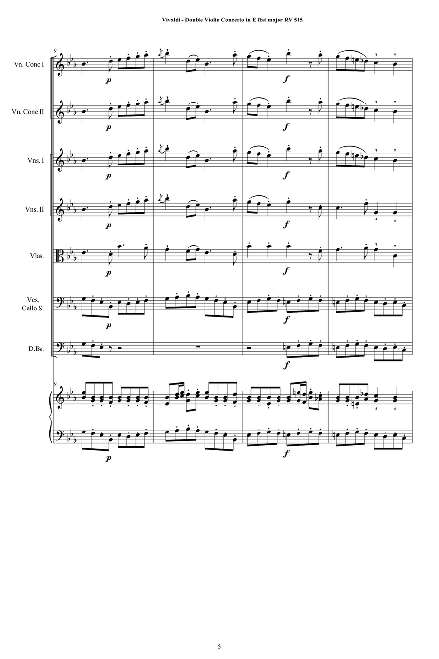 Vivaldi - Double Violin Concerto in E flat major RV 515 for Two Violins, Strings and Cembalo Chamber Orchestra scores gallery preview page 5