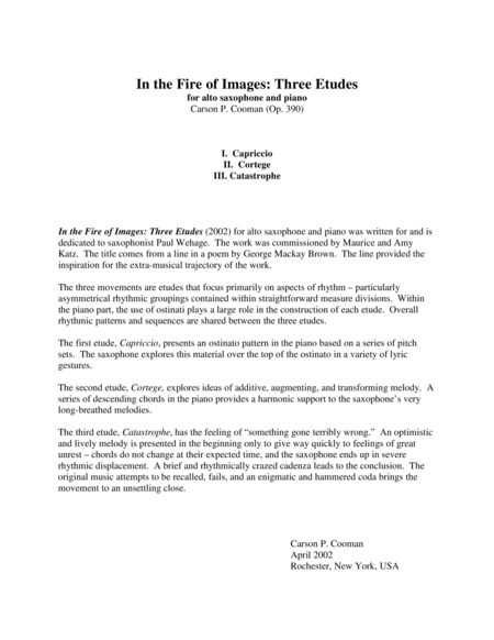 Carson Cooman: In the Fire of Images: Three Etudes (2002) for alto saxophone and piano