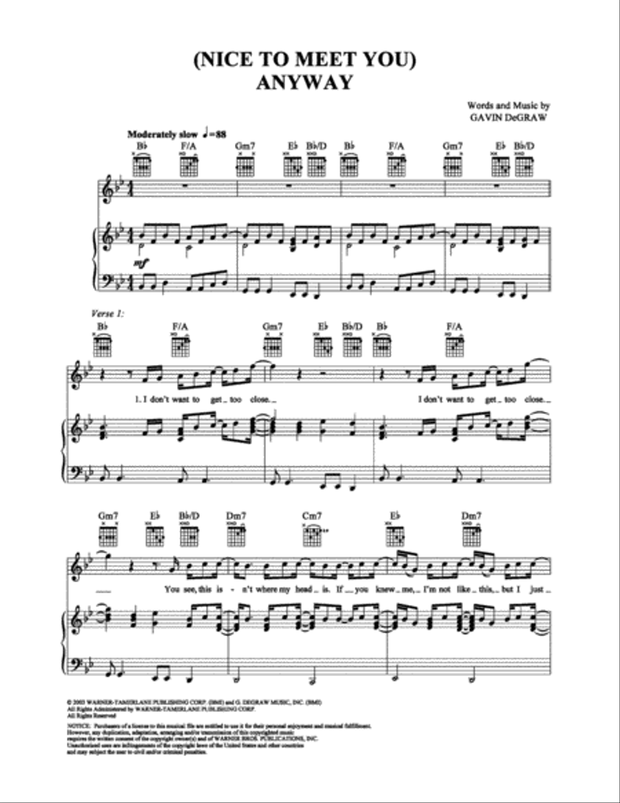 (Nice to Meet You) Anyway Piano, Vocal, Guitar scores gallery preview page 1