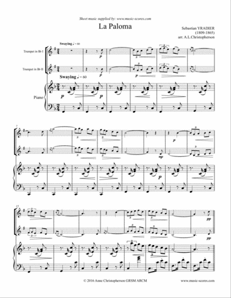 La Paloma - 2 Trumpets and Piano La Paloma - 2 Trumpets and Piano Trumpet Duet scores gallery preview page 1