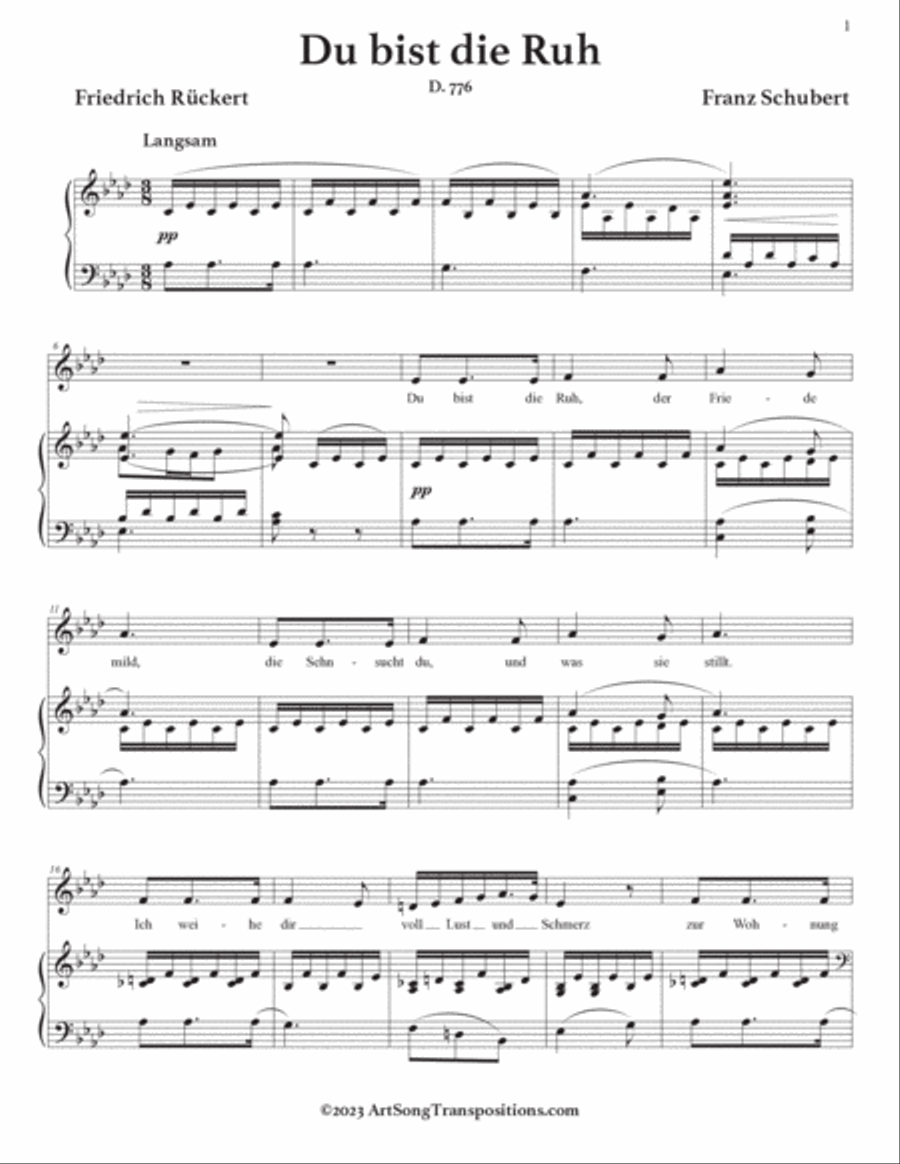 SCHUBERT: Du bist die Ruh, D. 776 (transposed to A-flat major) Voice scores gallery preview page 2