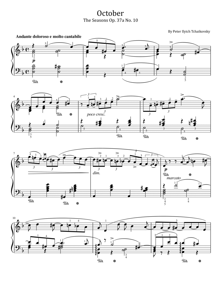 October - Autumn Song from Tchaikovsky's The Seasons - Op. 37a No. 10 - Original Piano Solo scores gallery preview page 1