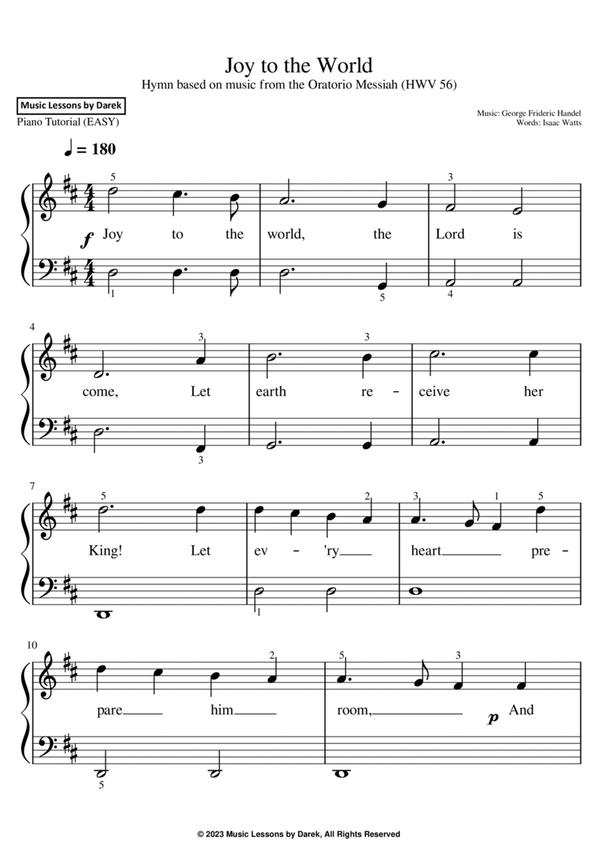Joy to the World (EASY PIANO) Hymn based on music from the Oratorio Messiah (HWV 56) image number null