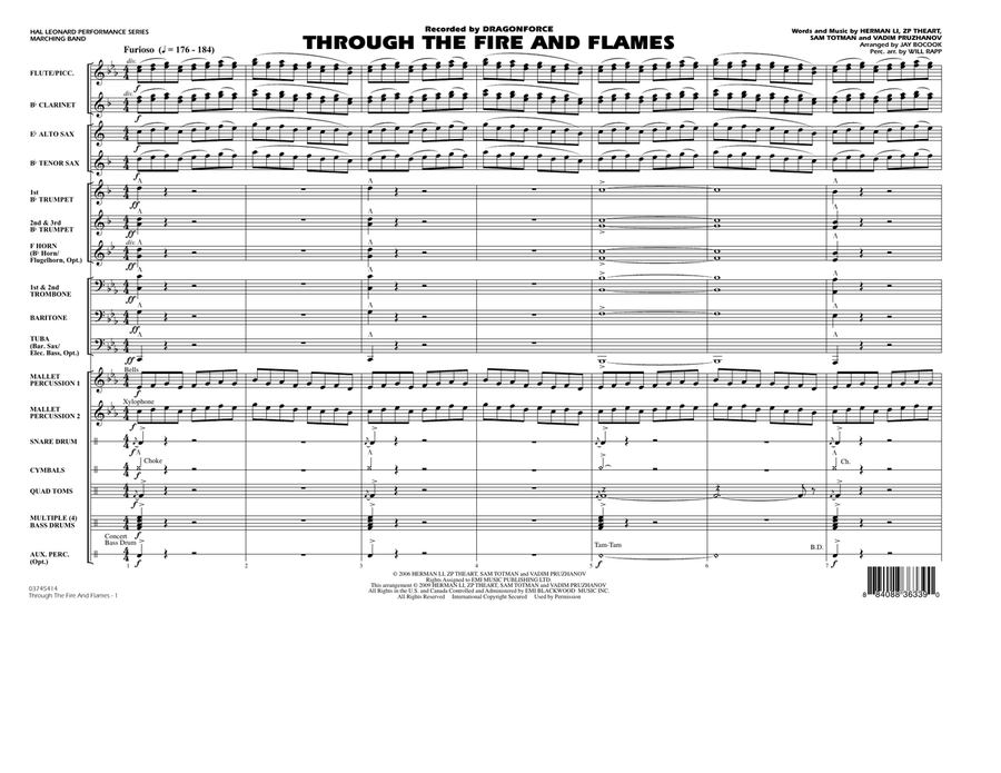 Through the Fire and Flames - Full Score Marching Band scores gallery preview page 1