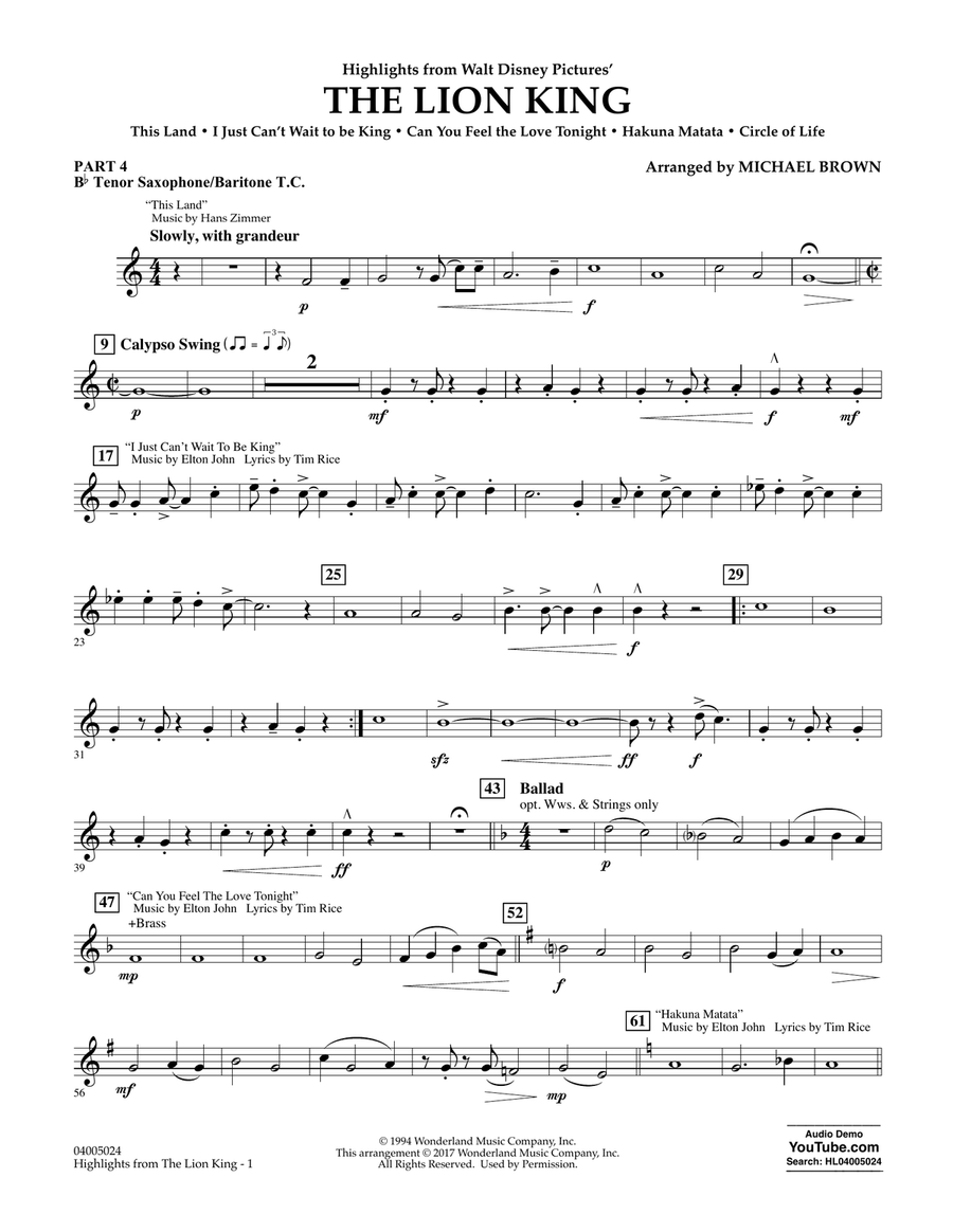 Highlights from The Lion King - Pt.4 - Bb Tenor Sax/Bar. T.C.