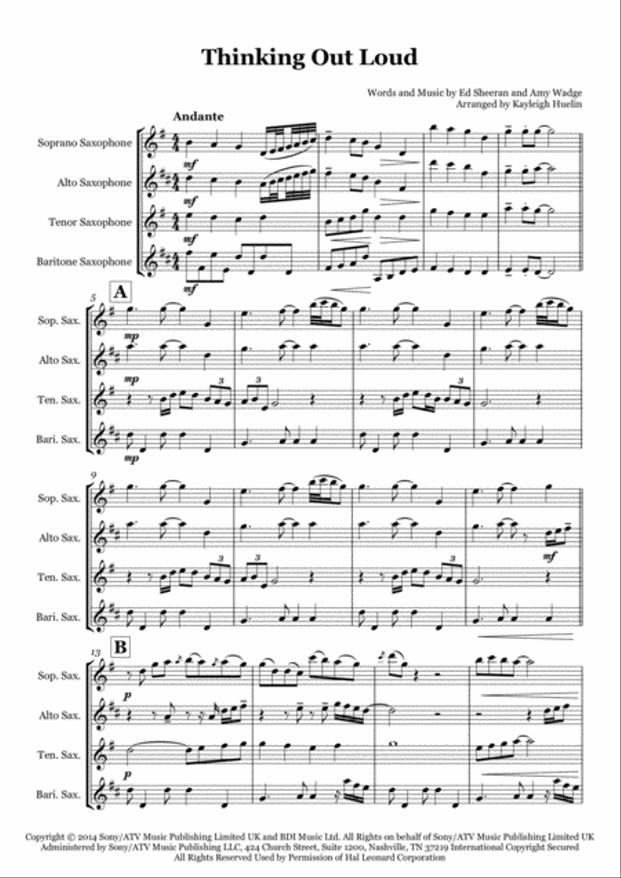 Thinking Out Loud Saxophone Quartet scores gallery preview page 1