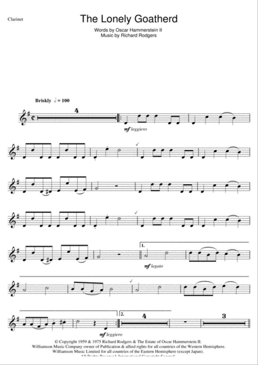 The Lonely Goatherd Clarinet Solo scores gallery preview page 1