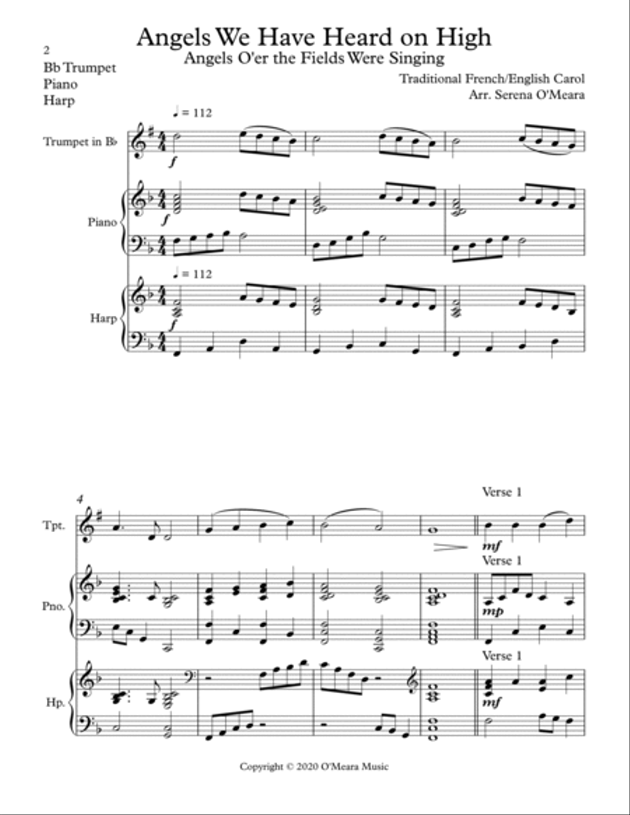 Angels We Have Heard On High, Trio for Bb Trumpet, Harp and Piano Trumpet Trio scores gallery preview page 2