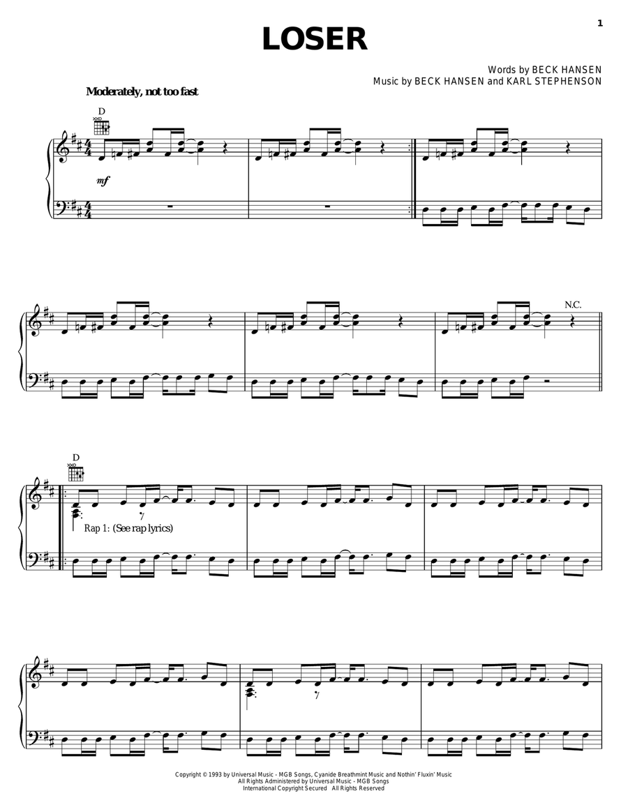 Loser Piano, Vocal, Guitar scores gallery preview page 1