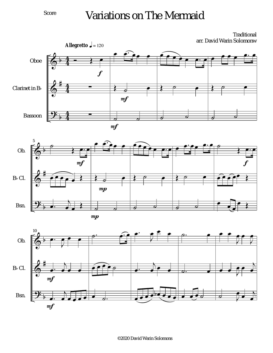 Variations on The Mermaid for wind trio (oboe, clarinet, bassoon) Woodwind Trio scores gallery preview page 1