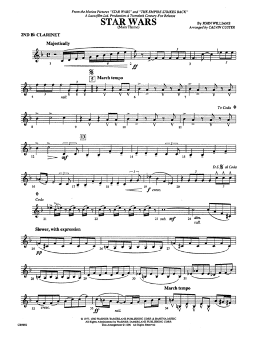 Star Wars Main Theme: 2nd B-flat Clarinet Concert Band scores gallery preview page 1