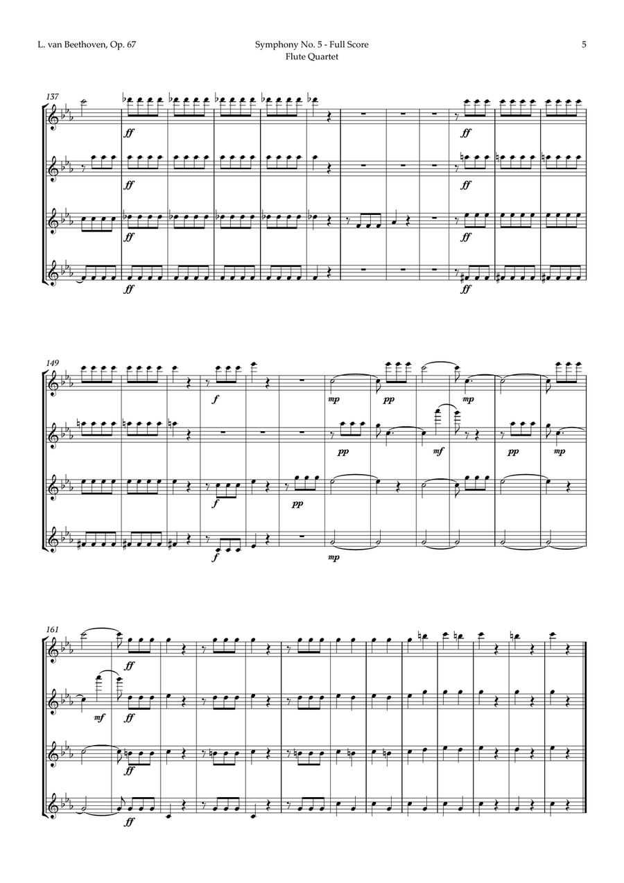 Symphony No. 5 by Beethoven for Flute Quartet Flute Quartet scores gallery preview page 6