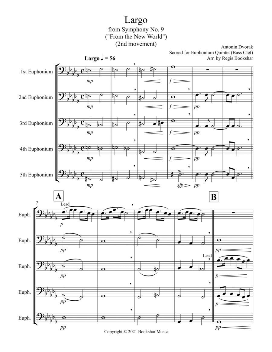 Largo (from "Symphony No. 9") ("From the New World") (Db) (Euphonium Quintet - Bass Clef) image number null