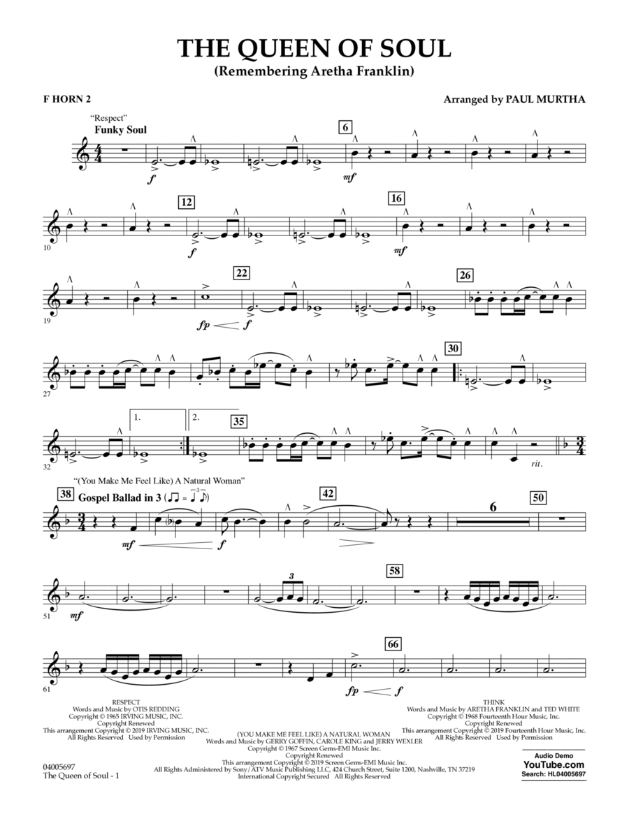 The Queen Of Soul (arr. Paul Murtha)- Conductor Score (Full Score) - F Horn 2