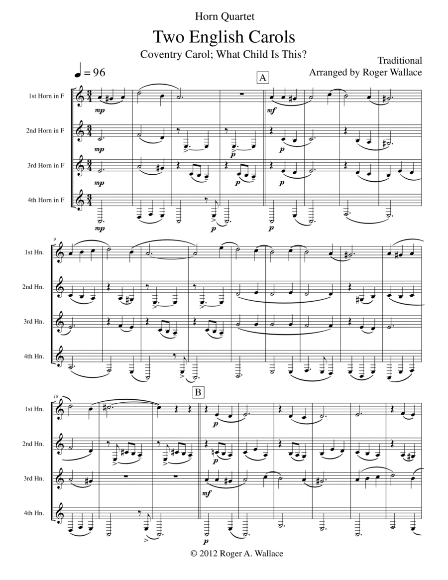 Two English Carols (Coventry Carol; What Child Is This?) - Horn Quartet Brass Quartet scores gallery preview page 1