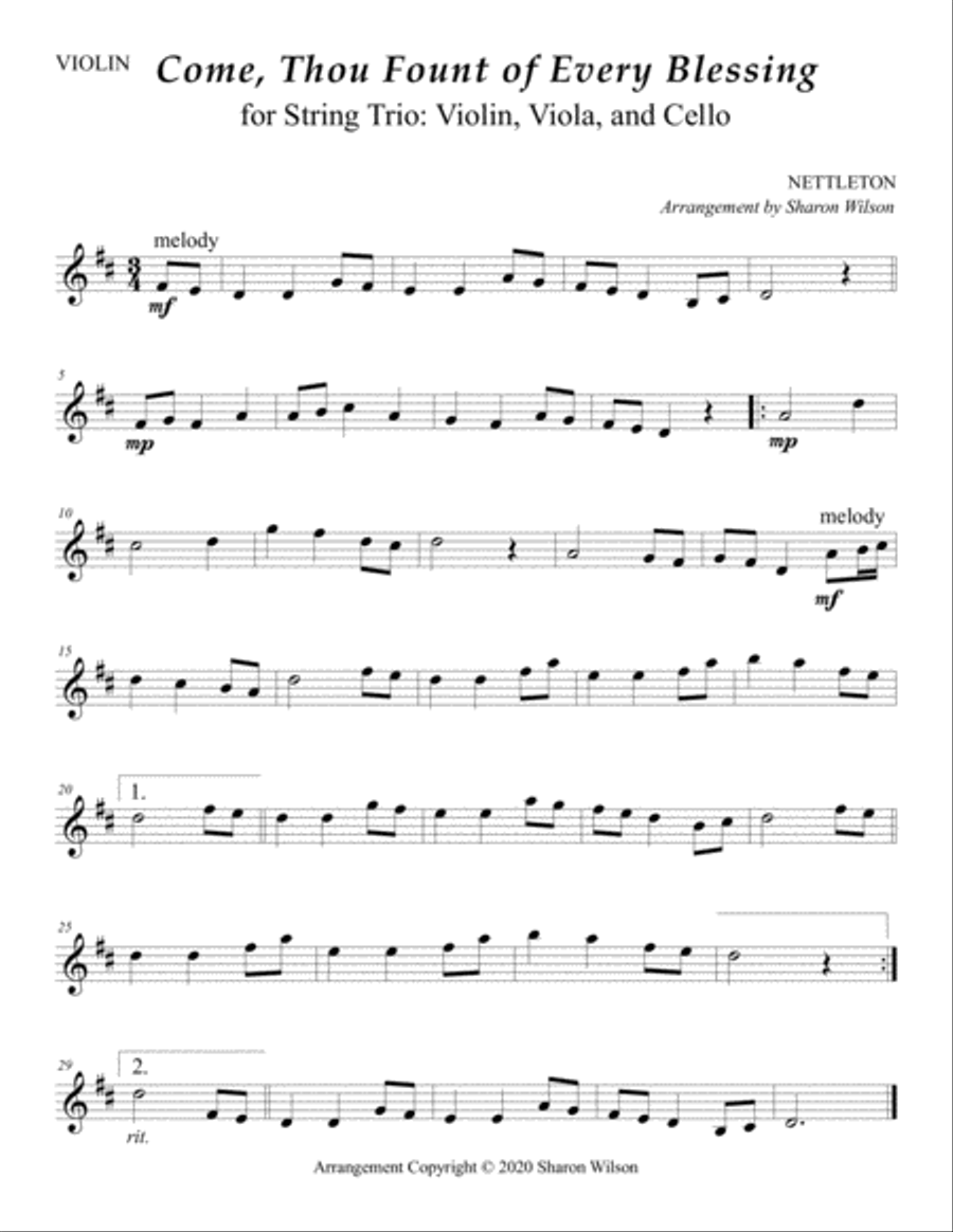 Come, Thou Fount of Every Blessing (for String Trio – Violin, Viola, and Cello) String Trio scores gallery preview page 2