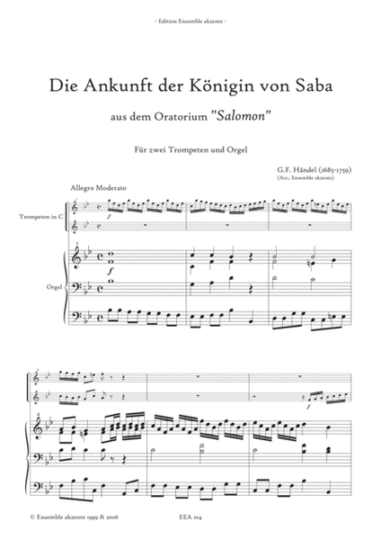 The Arrival of the Queen of Saba from "Salomon" - arrangement for two trumpets and organ image number null