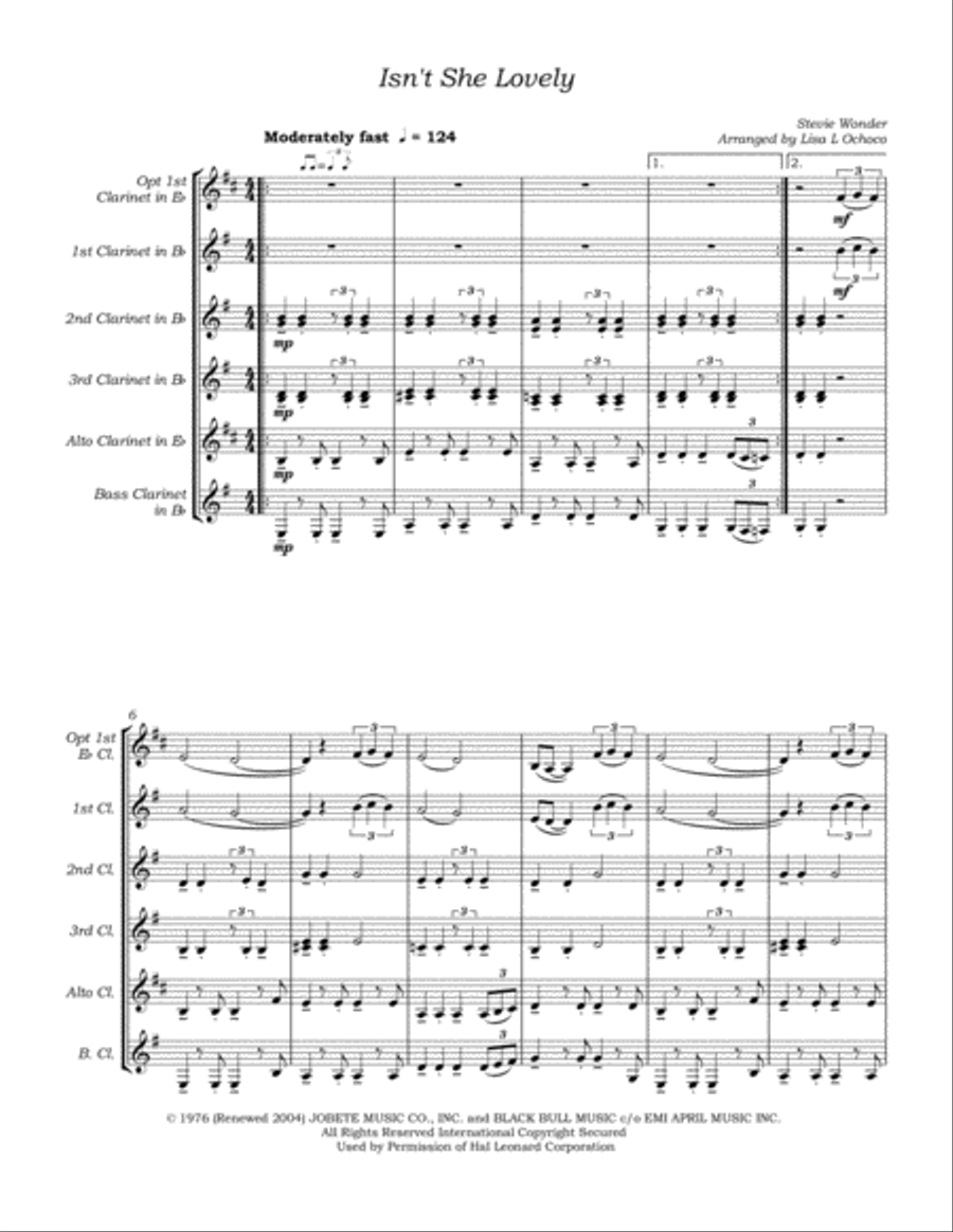 Isn't She Lovely Clarinet Choir scores gallery preview page 5