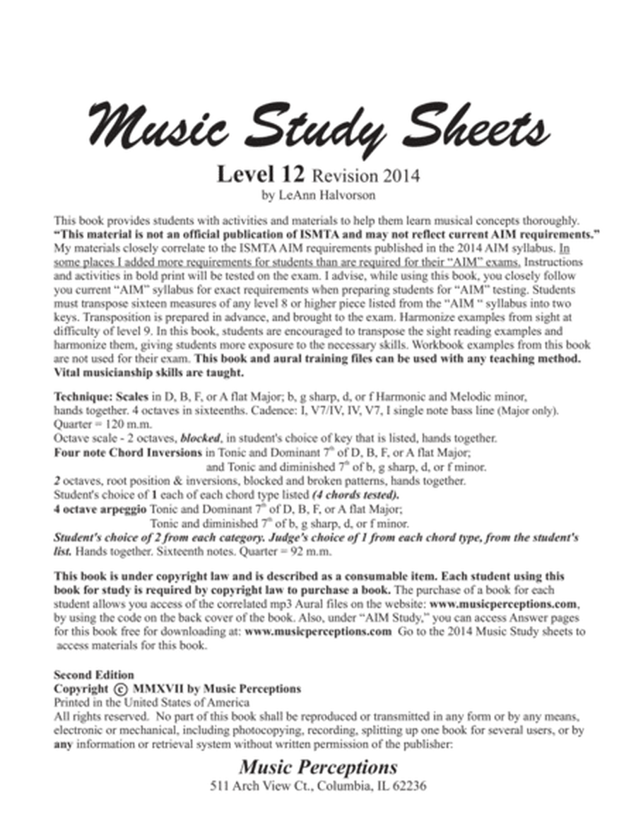 Music Study Sheets Level 12 2014 edition