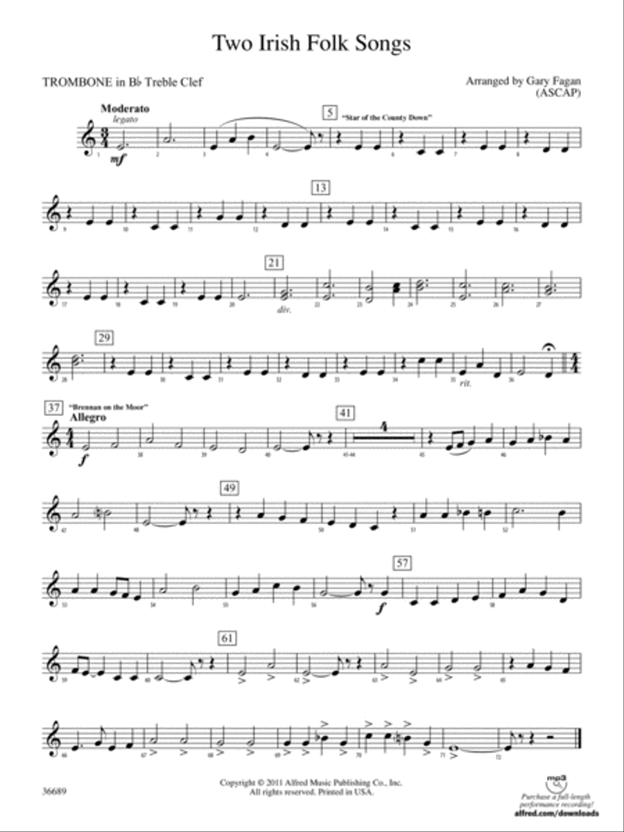 Two Irish Folk Songs: (World Part) 1st B-flat Trombone T.C. Concert Band scores gallery preview page 1