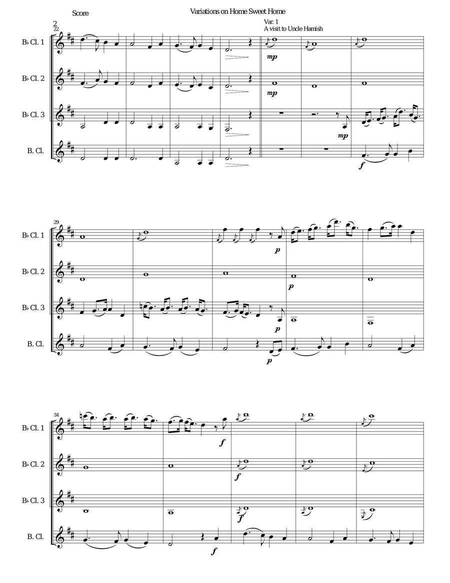 Variations on Home Sweet Home (there's no place like home) for clarinet quartet Clarinet Quartet scores gallery preview page 2