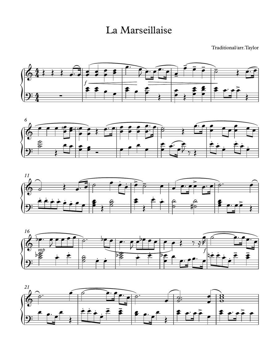 La Marseillaise (French National Anthem in Key of C) Piano Solo scores gallery preview page 1