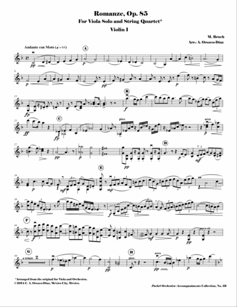 Bruch - Romanze for Viola and Orchestra, Op. 85 (Accompaniment Reduction for String Quartet, PARTS) String Quartet scores gallery preview page 2