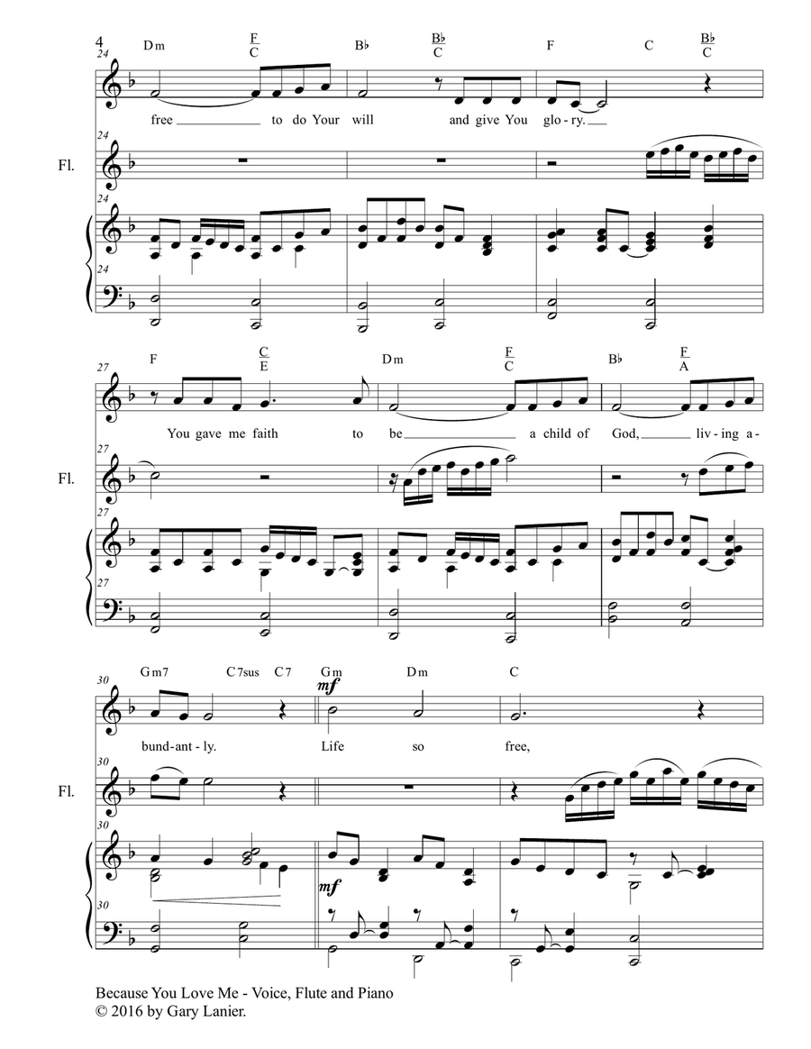 Gary Lanier: BECAUSE YOU LOVE ME (Worship - For Voice, Flute and Piano) Flute scores gallery preview page 5