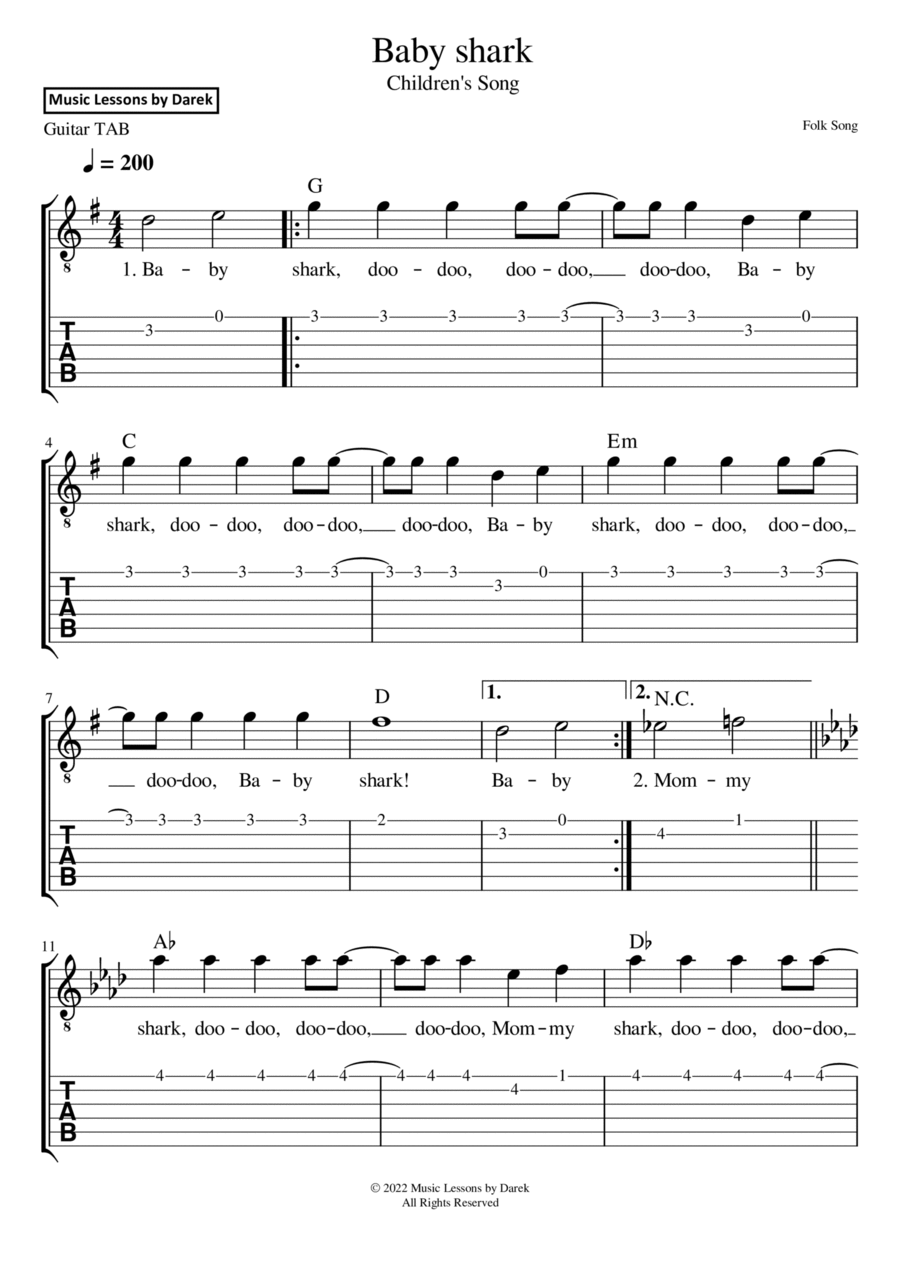 Baby shark (GUITAR TAB) Children's Song [Folk Song] Acoustic Guitar scores gallery preview page 1