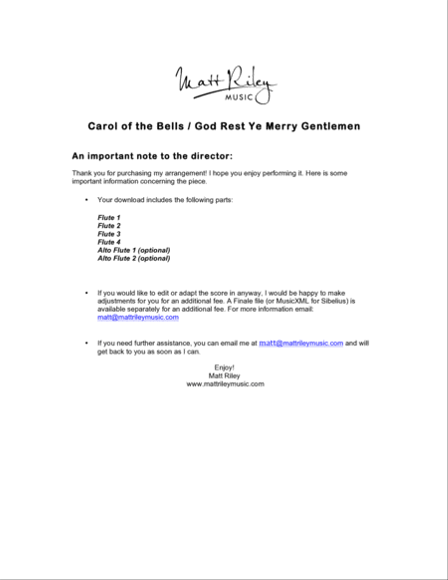 Carol of the Bells / God Rest Ye Merry Gentlemen - 4 Flutes (with 2 optional Alto Flute parts) Flute Quartet scores gallery preview page 2