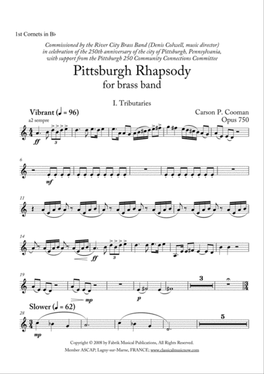 Carson Cooman: Pittsburgh Rhapsody (2008) for brass band, 1st Bb cornet part Brass Band scores gallery preview page 1