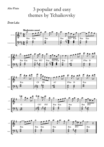 3 popular and easy themes by Tchaikovsky with accompaniment and chord symbols for Alto Flute image number null