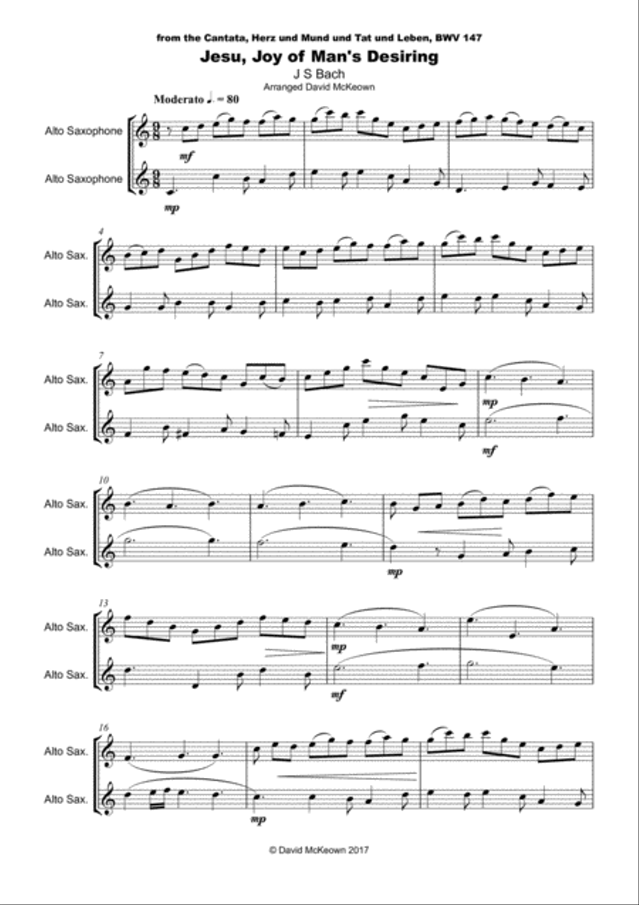 Jesu Joy of Man's Desiring, J S Bach, Alto Saxophone Duet Woodwind Duet scores gallery preview page 2