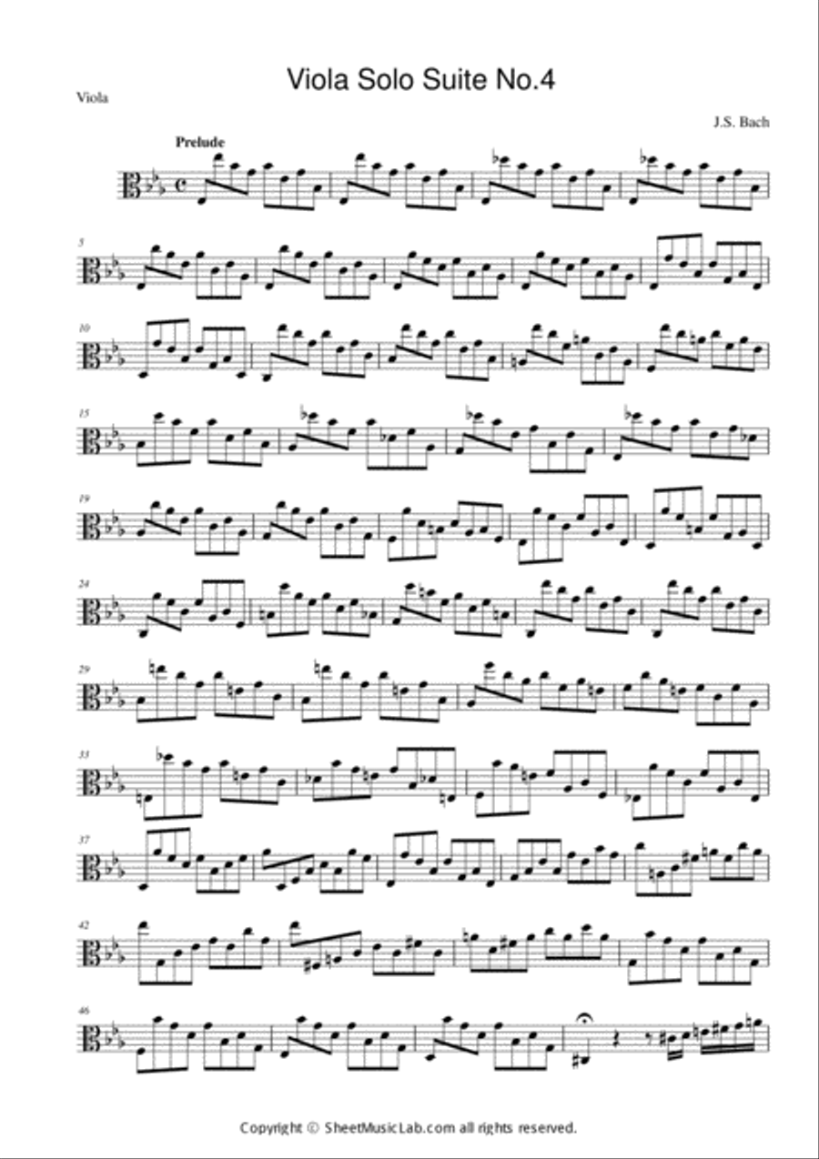 J. S. Bach : Viola Suite No.4 Prelude Viola Solo scores gallery preview page 1