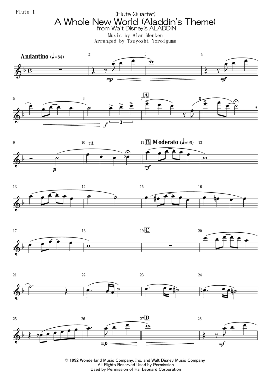 A Whole New World (from 'Aladdin') Woodwind Quartet scores gallery preview page 6