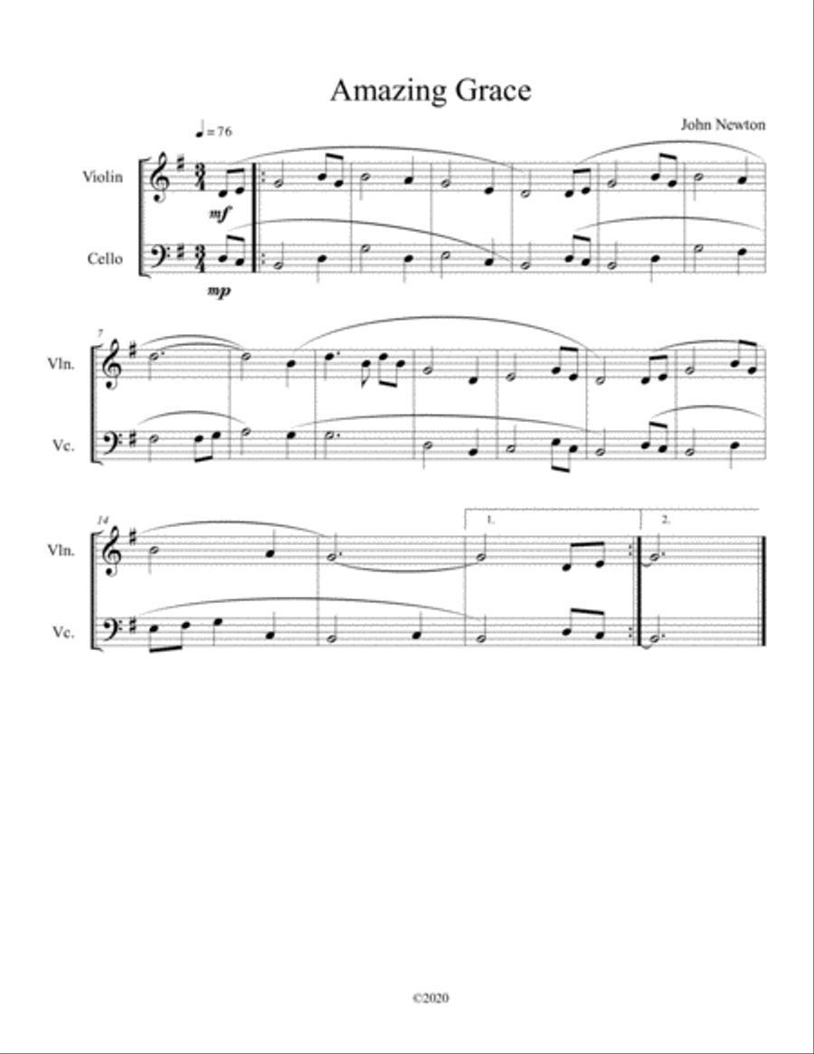 Amazing Grace (duet for violin and cello) String Duet scores gallery preview page 1