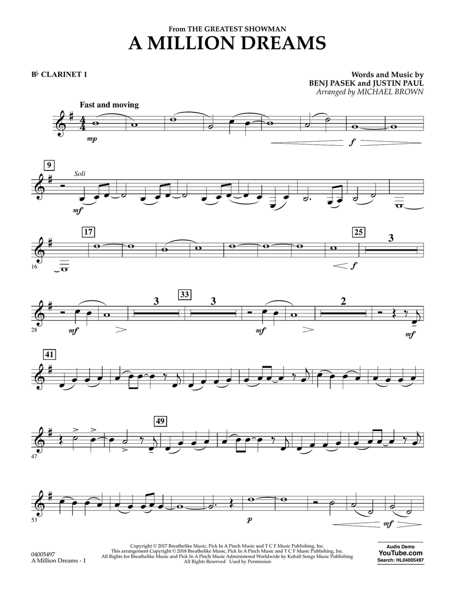 A Million Dreams (from The Greatest Showman) (arr. Michael Brown) - Bb Clarinet 1 Concert Band scores gallery preview page 1
