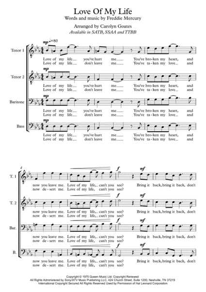 Love Of My Life (Queen) for SATB a capella voices - small ensemble image number null