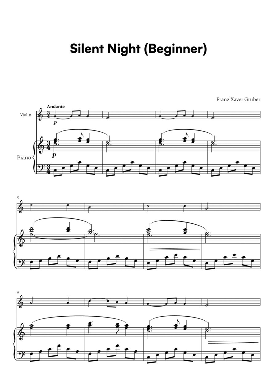 Franz Xaver Gruber - Silent Night Beginner (for Violin and Piano) Violin Solo scores gallery preview page 1