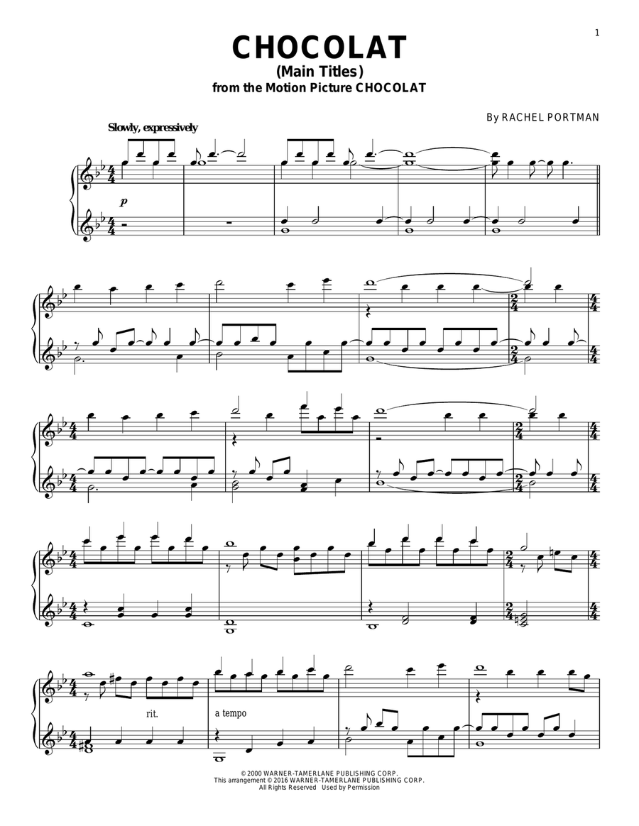 Chocolat (Main Titles) Piano Solo scores gallery preview page 1