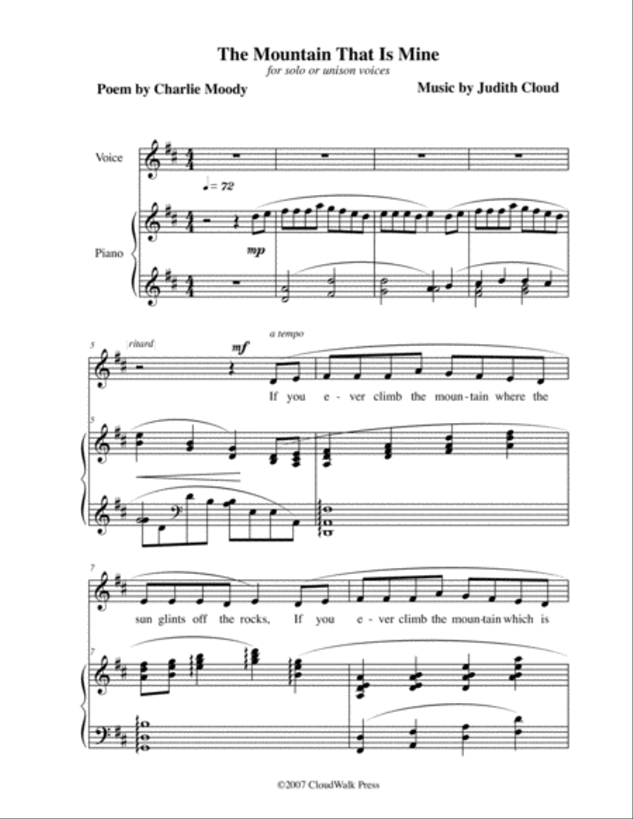 The Mountain that is Mine for children's chorus and piano Unison Choir scores gallery preview page 1