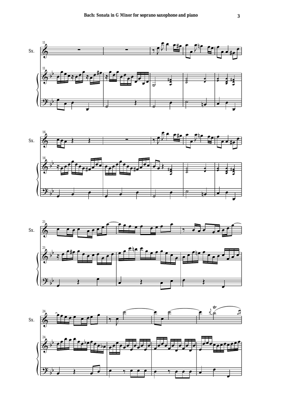J. S. Bach: Sonata in g minor, bwv 1020, arranged for soprano saxophone and piano or harp Small Ensemble scores gallery preview page 3