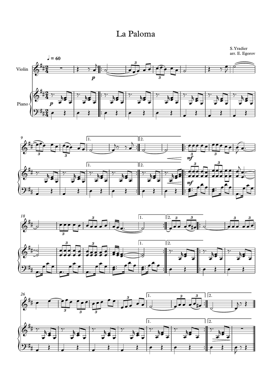 La Paloma, Sebastian Yradier, For Violin & Piano Violin Solo scores gallery preview page 1