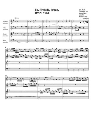 Book cover for Prelude and fugue BWV 557 (arrangement for 4 recorders)
