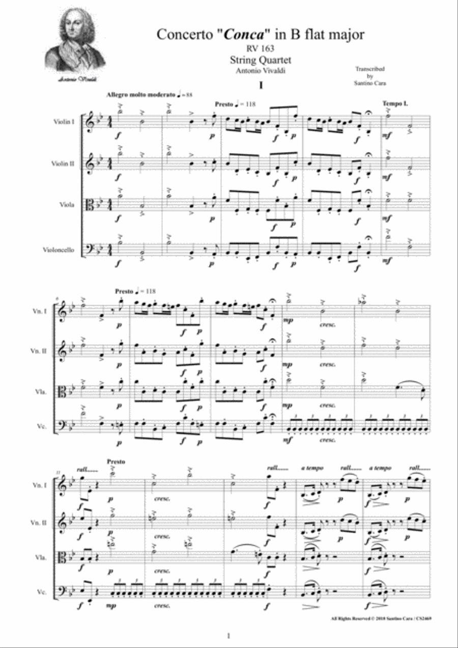 Vivaldi - Concerto 'Conca' in B flat major RV 163 for String Quartet String Quartet scores gallery preview page 1