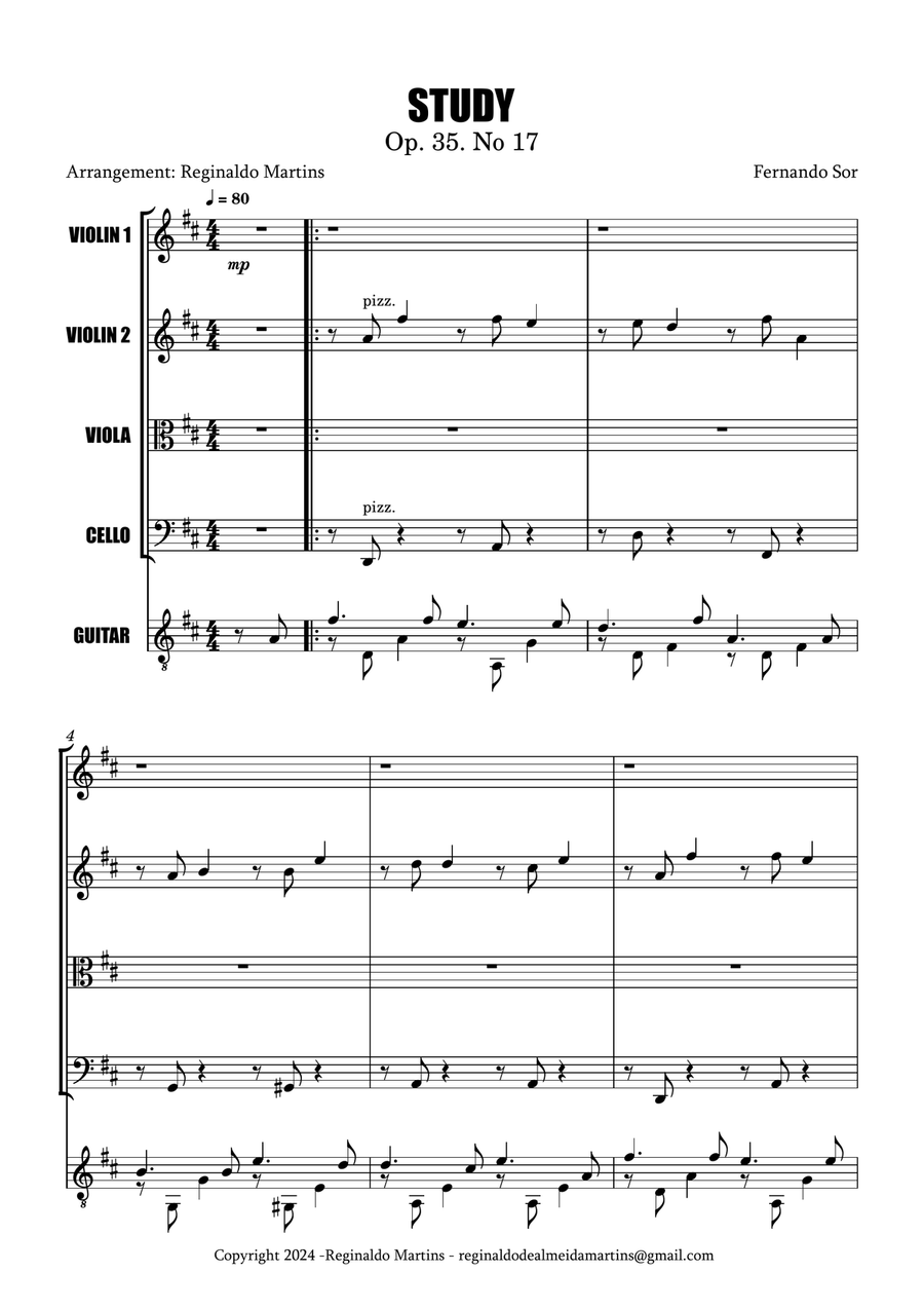 STUDY Op. 35 No 17 FOR STRING QUARTET AND GUITAR String Quartet scores gallery preview page 1