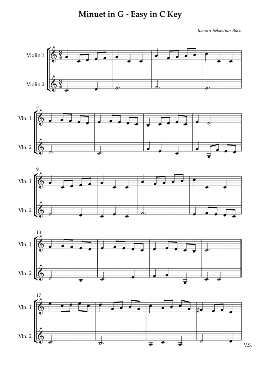 Minuet in G - Easy in C Key String Duet scores gallery preview page 1