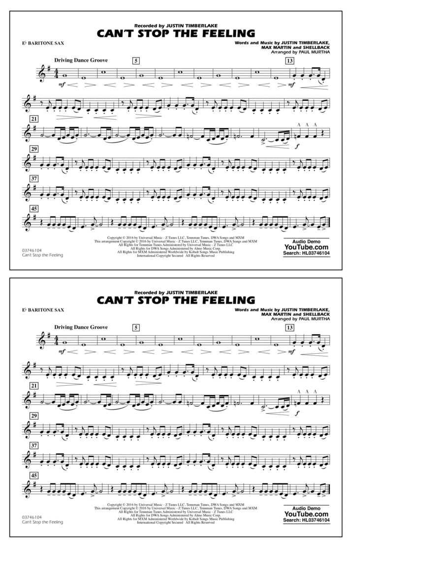 Can't Stop the Feeling (from Trolls) - Eb Baritone Sax